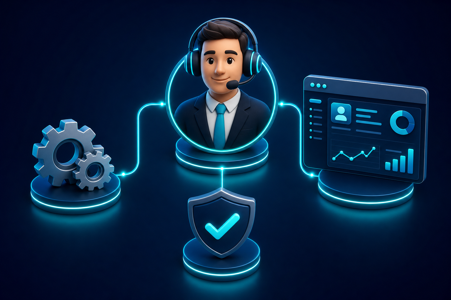 A support specialist connected to gears, a dashboard, and a checkmark shield