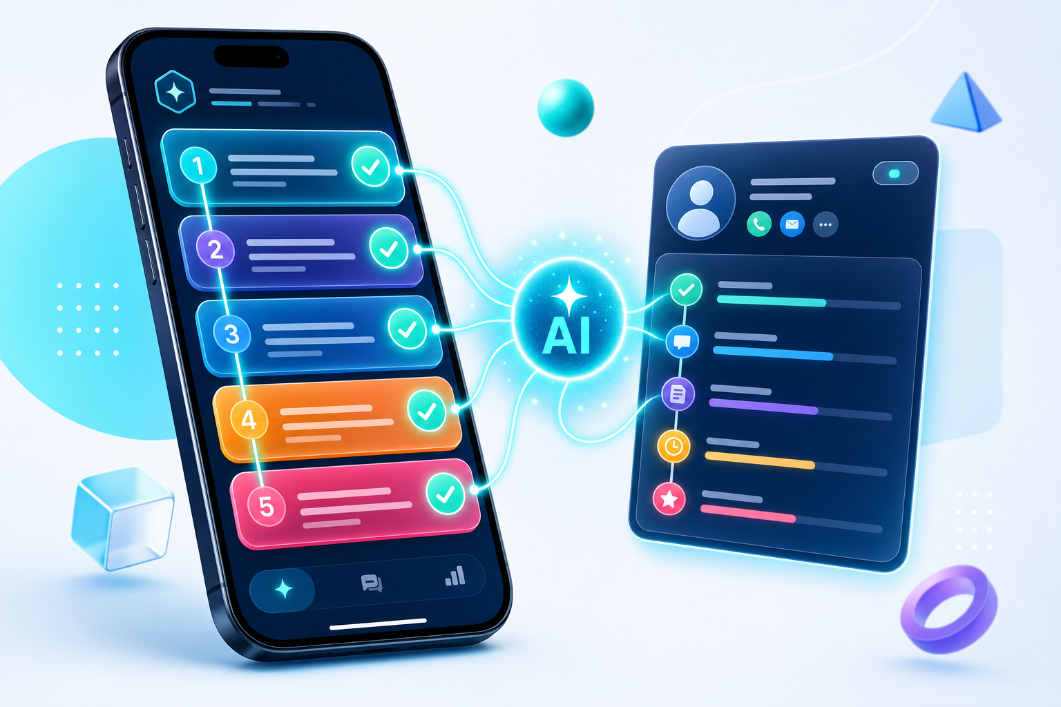 An AI-generated discussion guide on a phone with sequenced talking points connected to a client journey timeline