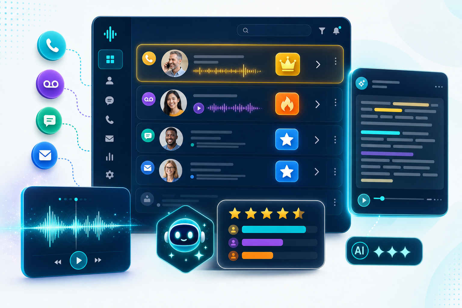 A communication hub dashboard listing prioritized calls, voicemails, texts and emails with VIP and hot-lead tags, alongside a call recording and transcript