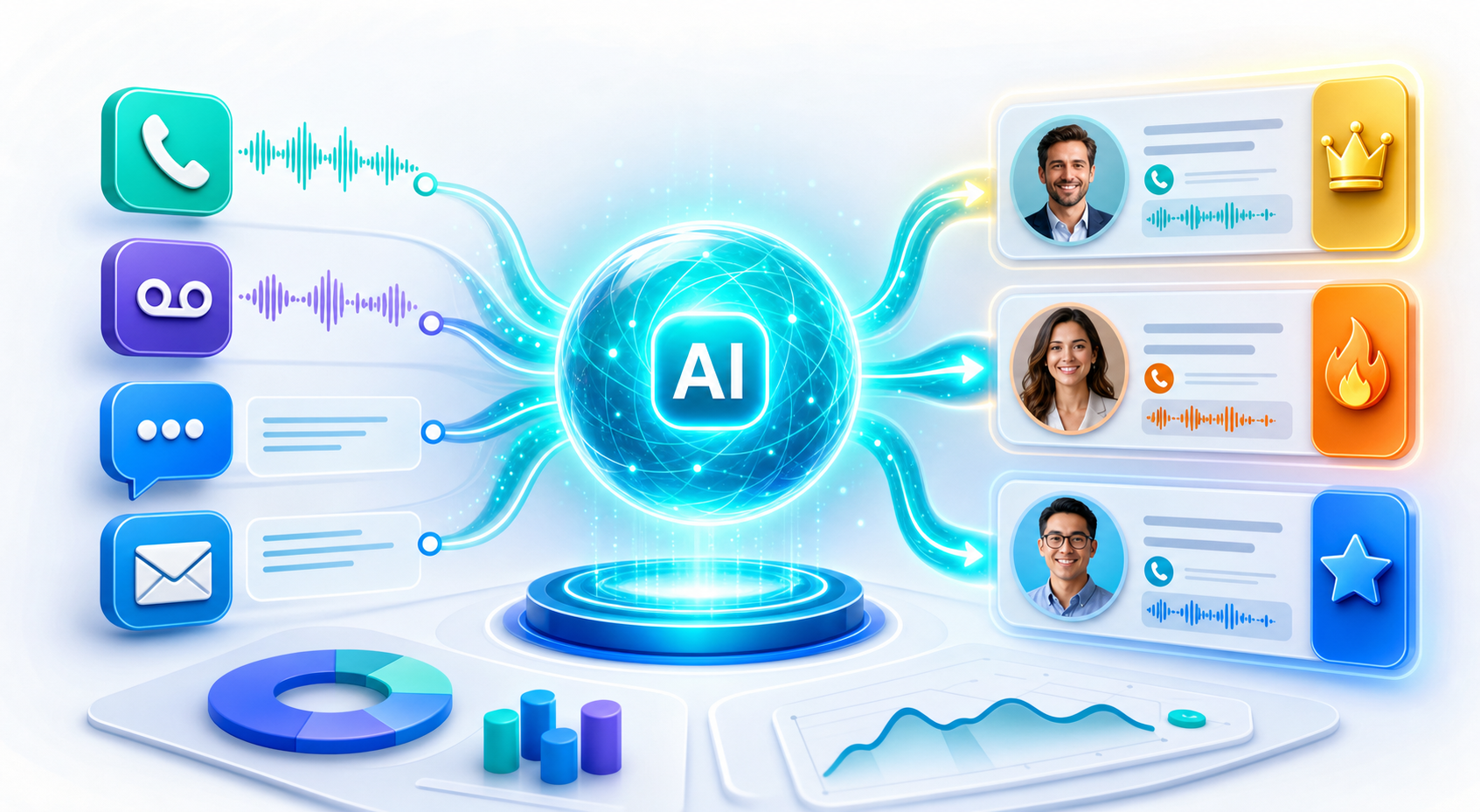 Inbound calls, voicemails, texts and emails flowing into an AI core that outputs prioritized, tagged CRM contact records