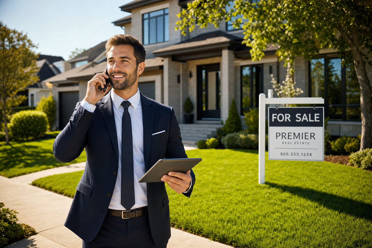 A real estate agent on the phone holding a tablet in front of a For Sale sign and a beautiful suburban home